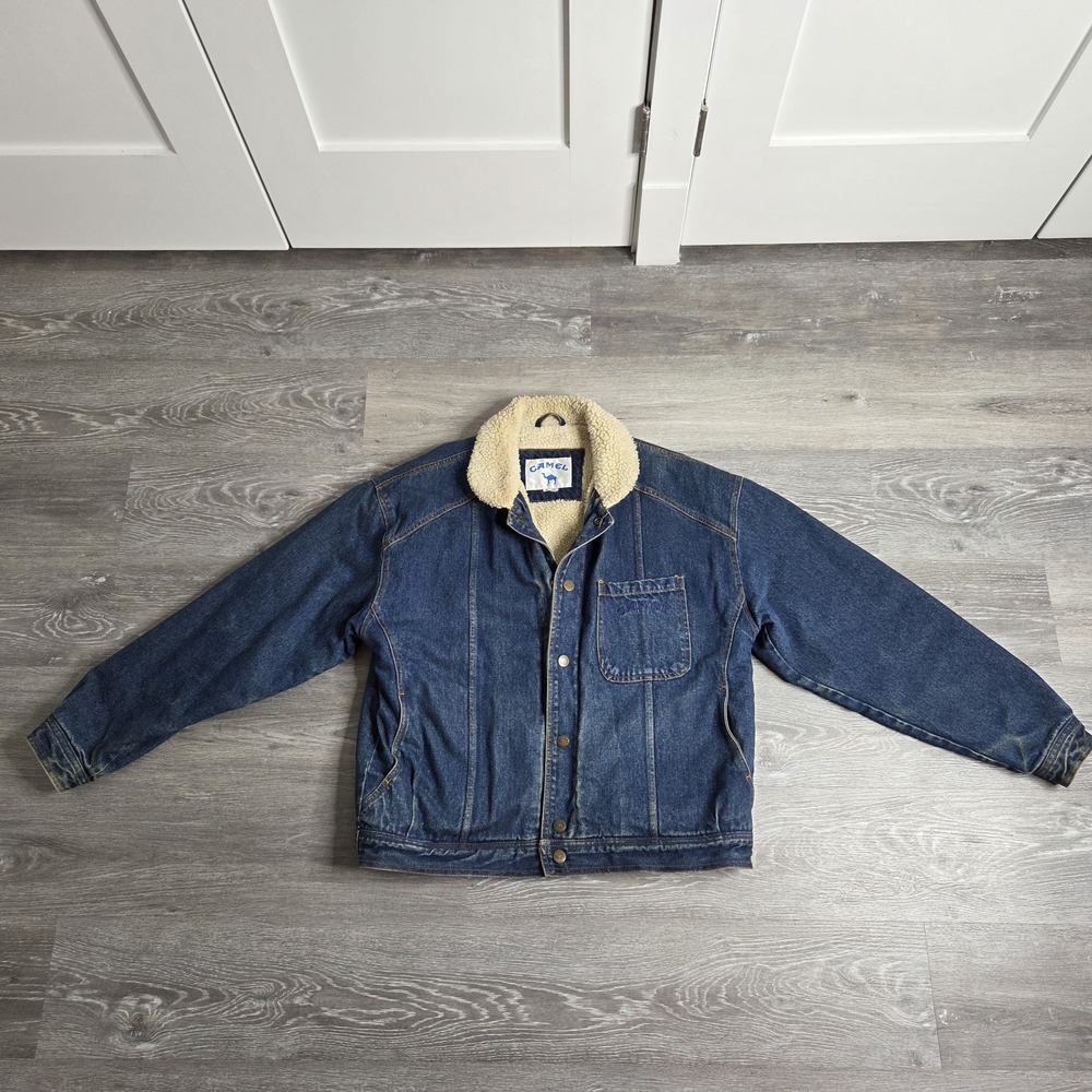 Vintage Joe Camel Blue Denim Sherpa Lined Jean Jacket - Size Large - RARE